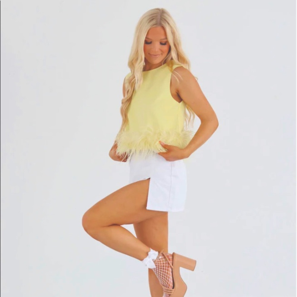 Pastel yellow feather trim top